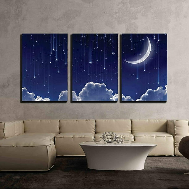 Wall26 3 Piece Canvas Wall Art Crescent Moon with Bright Falling Stars Above The Clouds