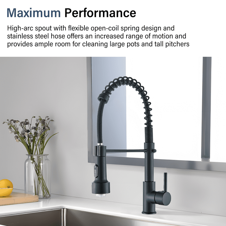 TVTIUO Kitchen Faucet with Spring LED Pull Down Sprayer Single Handle Matte Black Commercial Stainless Steel Kitchen Sink Faucet Oulantron high arc