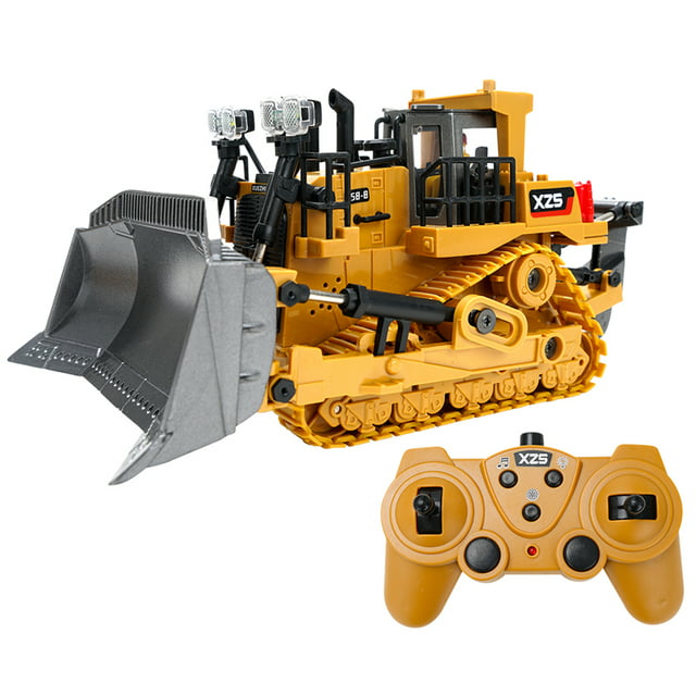 1:24 2.4G 9CH RC Bulldozer Alloy Bucket RC Tractor Truck Construction Engineering Vehicles with One Key Demonstration Lighting Simulation Sound Function Educational Toys for Kids