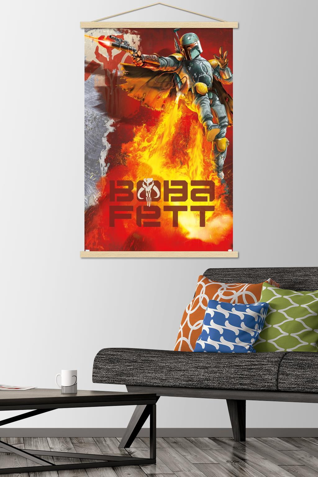 Star Wars: Saga - Boba Fett - Jet Pack Flames Wall Poster with Wooden Magnetic Frame, 22.375" x 34"
