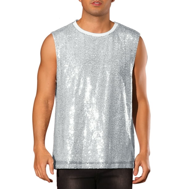 Camiseta sin mangas brillante de lentejuelas INSPIRE CHIC para hombres, top metálico de fiesta disco XL plateado