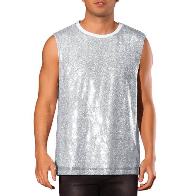 Camiseta sin mangas brillante de lentejuelas INSPIRE CHIC para hombres, top metálico brillante para fiestas y discotecas, chaleco plateado