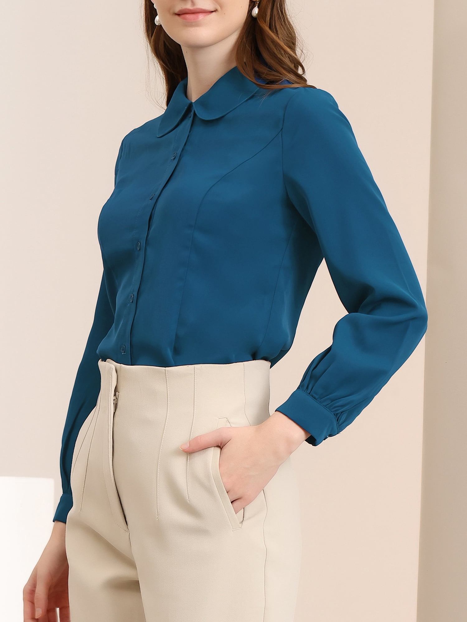 DARING DIVA Women's Peter Pan Collar Long Sleeve Button Down Work Shirts S Peacock Blue