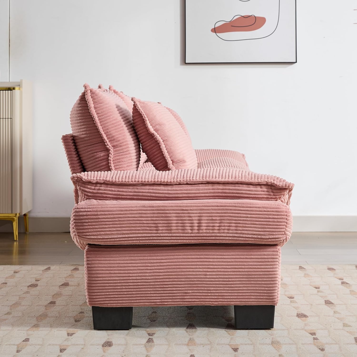 AENKYO 84" Corduroy Loveseat Sofa with Pillows, Modern 2-Seater Couch for Living Room,Pink