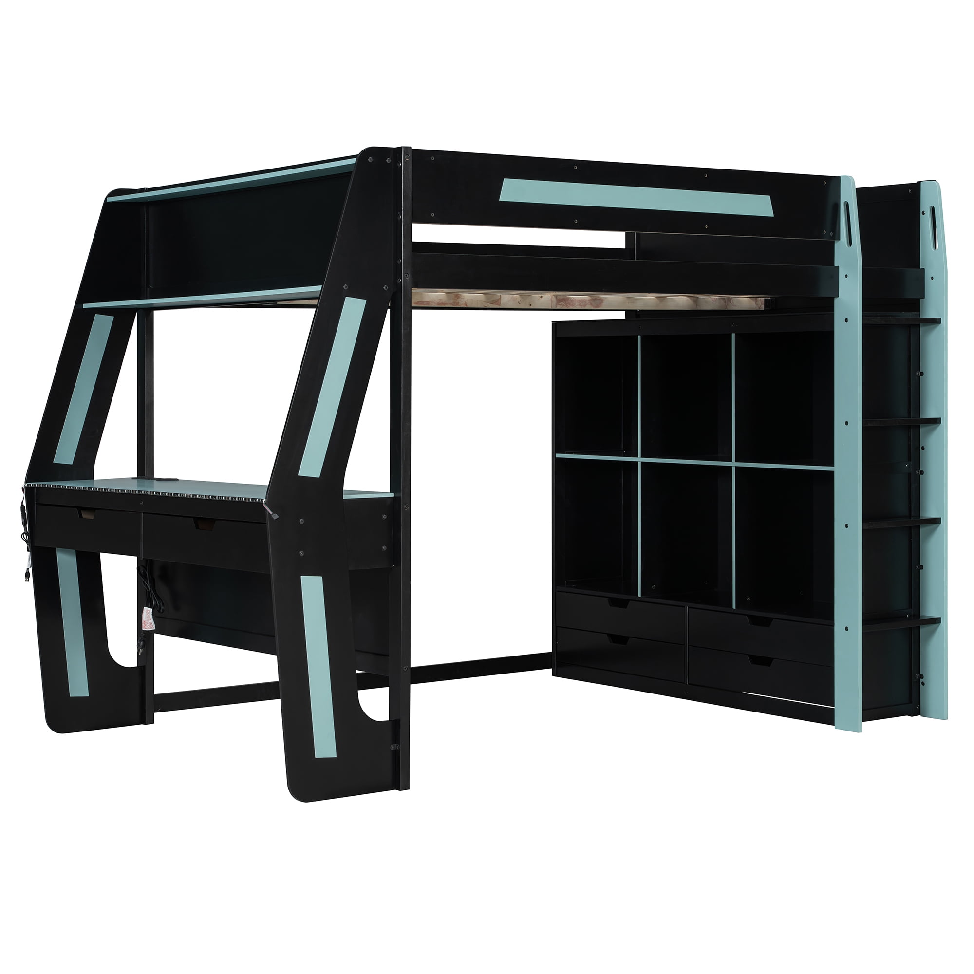 Mintazer Full Gaming Loft Bed with Lights & Desk, Modern Loft Bed with 6 Cubbies & 6 Storage Drawers, Black & Red
