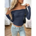 thumbnail image 4 of Womens Long Sleeve Off Shoulder Shirts Tight Fitted Y2K Ruched Tee Tops Blouses 2025 Trendy Outfits Navy Blue L, 4 of 7