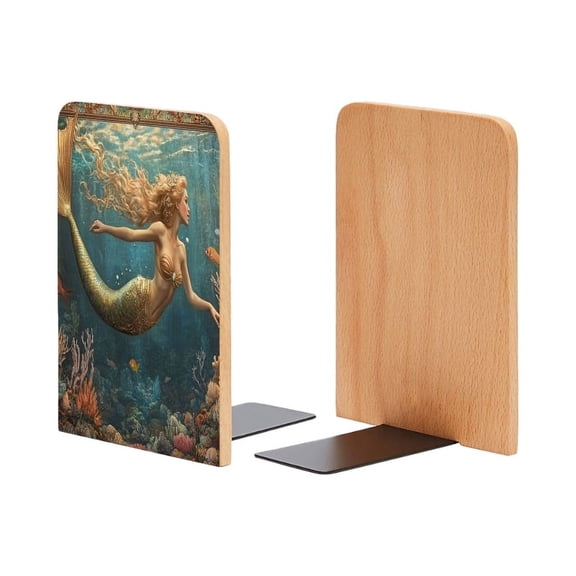 Bookends 1 Pair Non-Skid Bookend Wood Bookends for Shelves Book Stand for CDs - Beautiful Mermaid Swimming in The Ocean