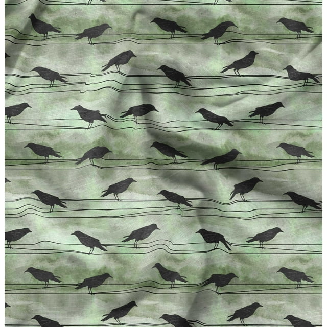 Soimoi Green Poly Georgette Fabric Crow Bird Print Fabric by the Yard 52 Inch Wide