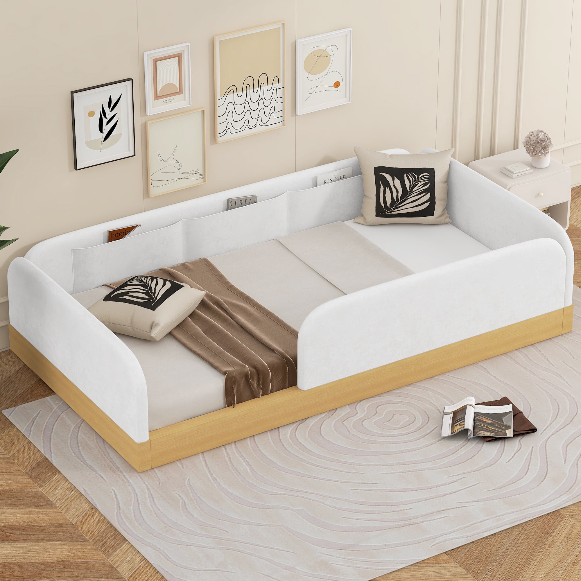 Euroco Upholstery Twin Platform Bed, Floor Bed with Storage and Guardrails, Natural