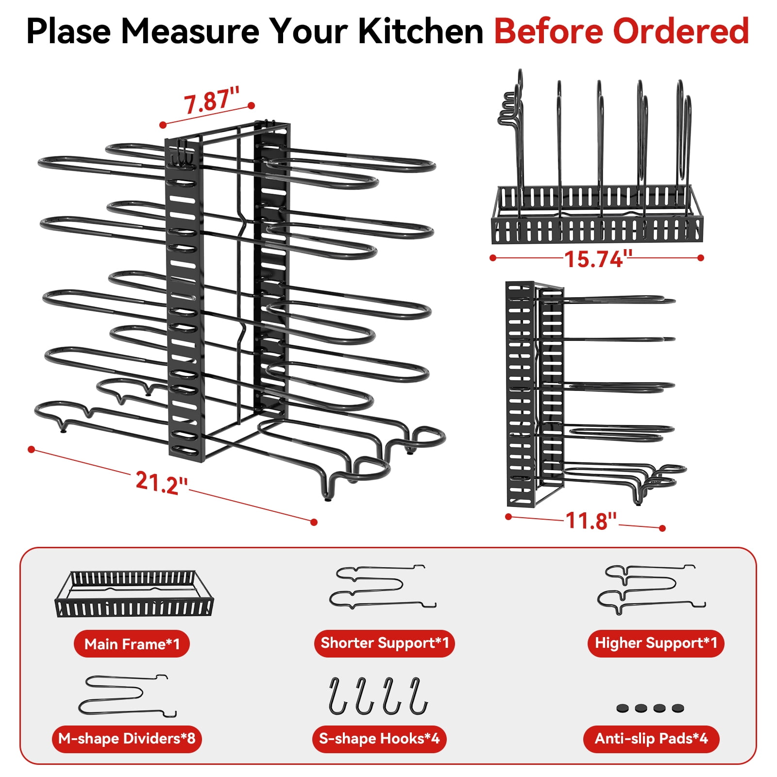 Behost 8 Tiers Pots and Pans Organizer, Adjustable Pot Rack with 3 DIY Methods for Cabinet Kitchen Organization Storage