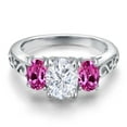 thumbnail image 3 of Gem Stone King 925 Sterling Silver White Moissanite and Pink Created Sapphire Filigree Style 3 Stone Ring for Women (2.50 Cttw, Oval 8X6MM and 6X4MM) (Size 8), 3 of 6