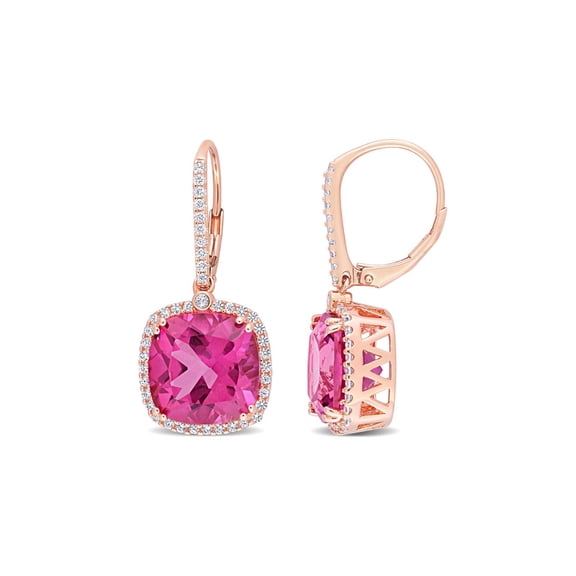 16.85 Carat (Ctw) Pink Topaz & White Sapphire Drop Leverback Earrings in Rose Plated Sterling Silver for Women