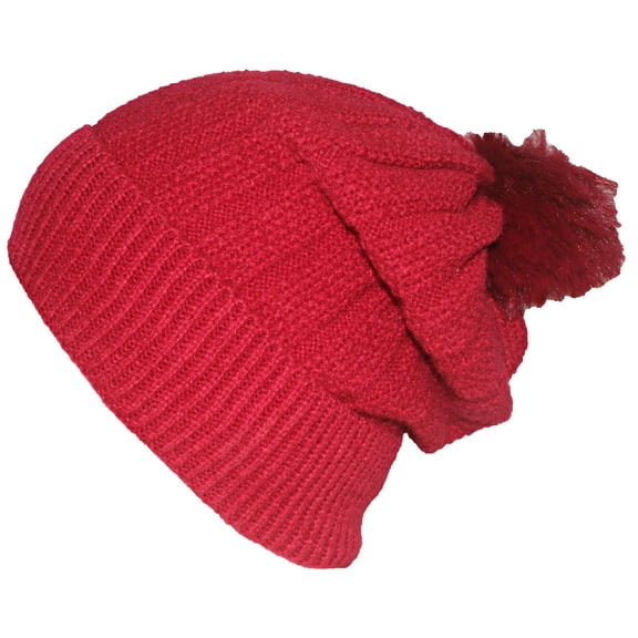 Best Winter Hats Womens Rib Knit Cuffed Slouch Beanie W/Pom Pom & Plush Lining - Red