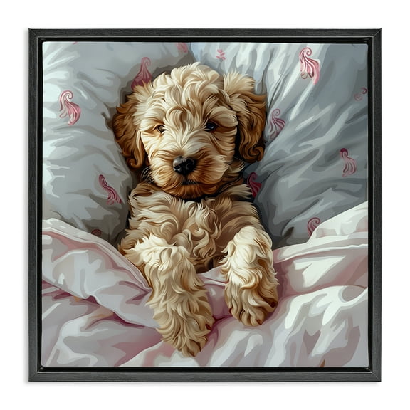 Stupell Industries Nap Time Cuddling Labradoodle Animals Painting Black Floater Framed Canvas Art Print Wall Art, 18 x 18