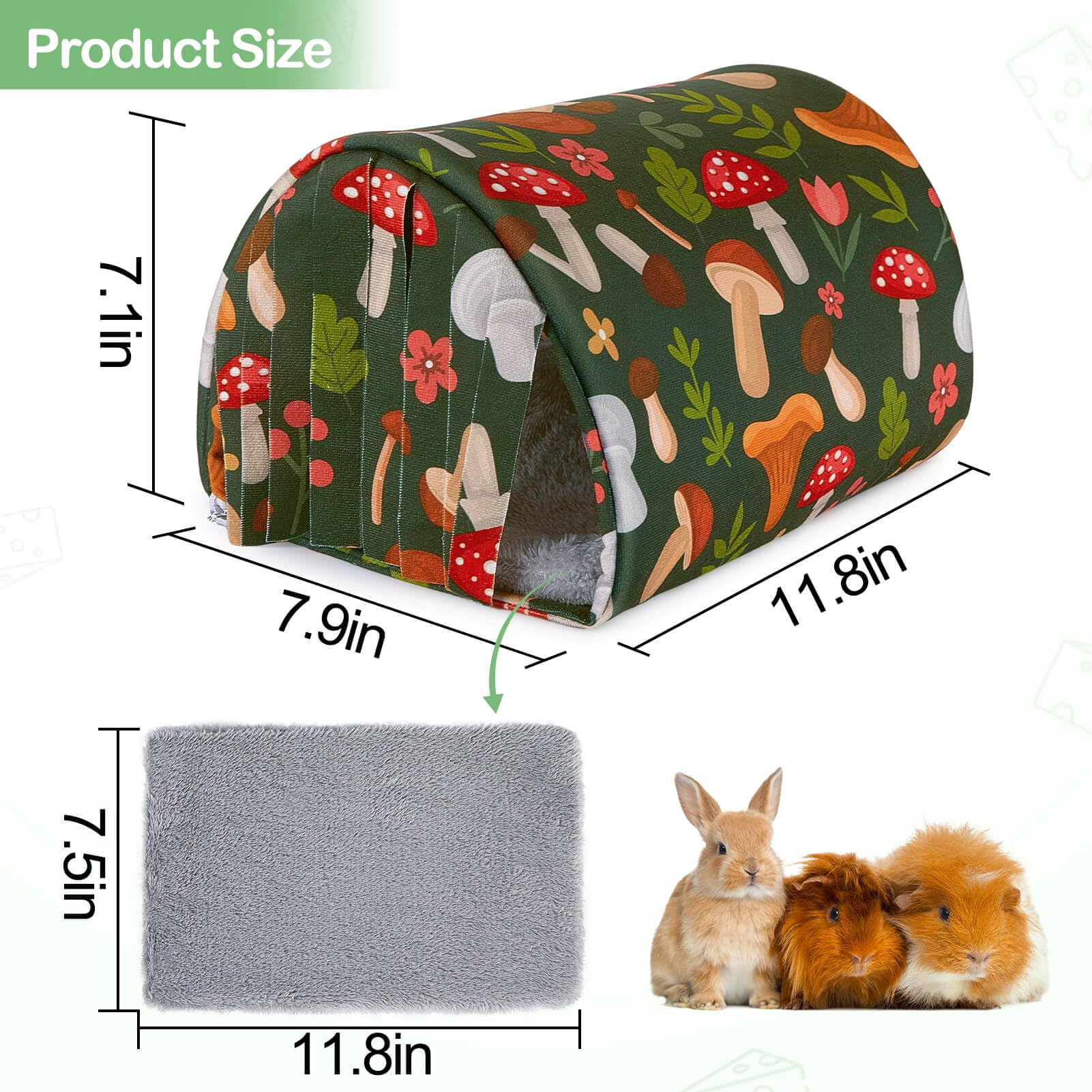 2 pack Guinea Pig Hideout with Curtain and Tunnel - Soft Bed with Cushion - Suitable for Guinea Pig, Hamster, Chinchilla, Bunny - Mushroom