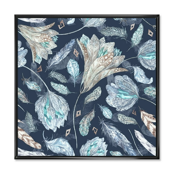 Designart 'Navy Blue Botanical Pattern With Feathers' Traditional Framed Canvas Wall Art Print