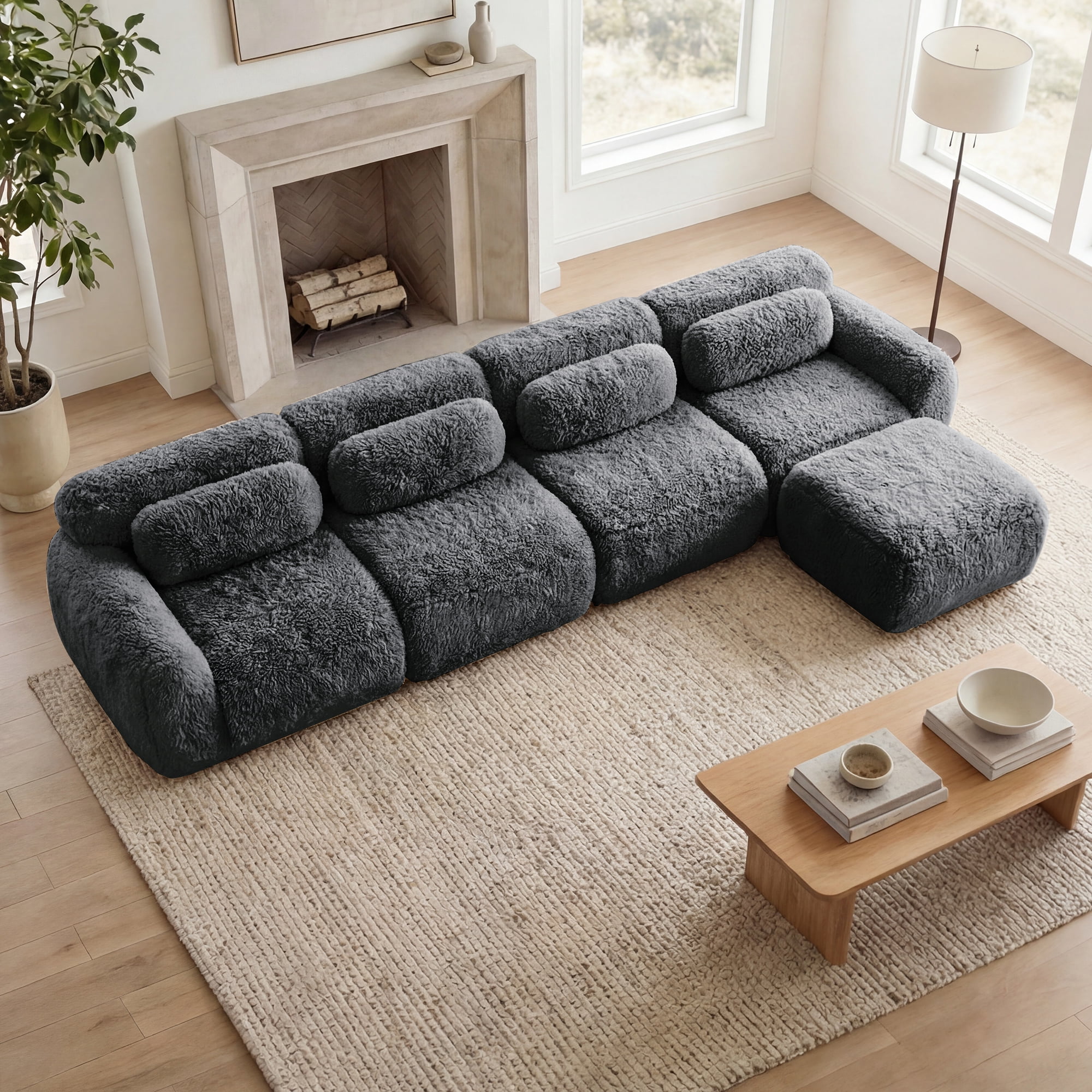 MAYEERTY 149" L-Shaped Plush Modular Sectional Couch, Gray 32D Foam, Non-Slip Base, Buckle Connection Free Combination No Assembly Sofa for Living Room