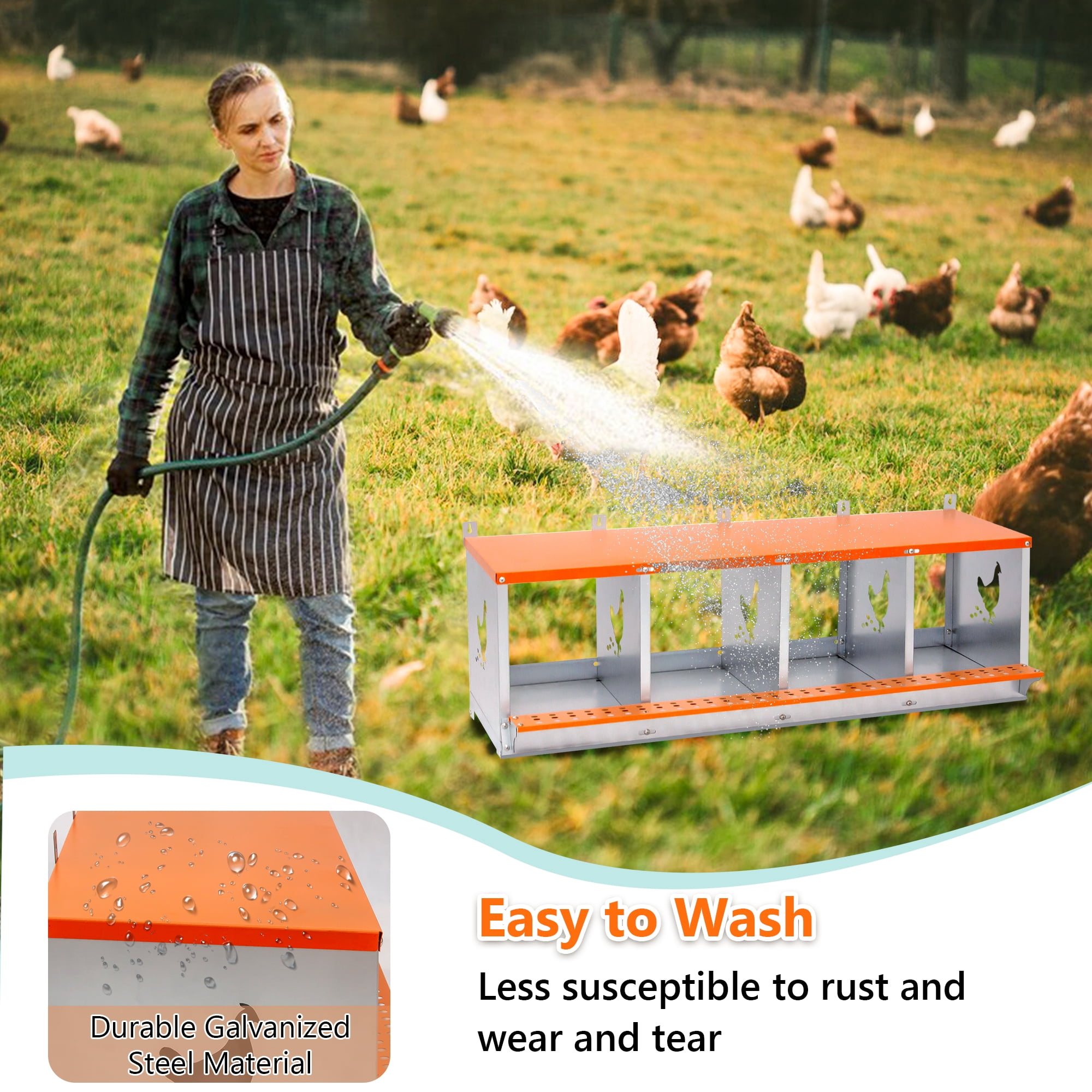 4-Bay Wall Mount Metal Nest Box for Hens Ducks, Orange Galvanized Steel Poultry Coop Equipment with Vented Design & Coconut Fiber Pad, Easy Egg Collection & Assembly