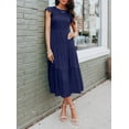 thumbnail image 4 of Inadays Women's Summer Dress Casual Midi Dress Flutter Short Sleeve Crew Neck Smocked Elastic Waist Tiered A-Line Dress, Navy, L, 4 of 8