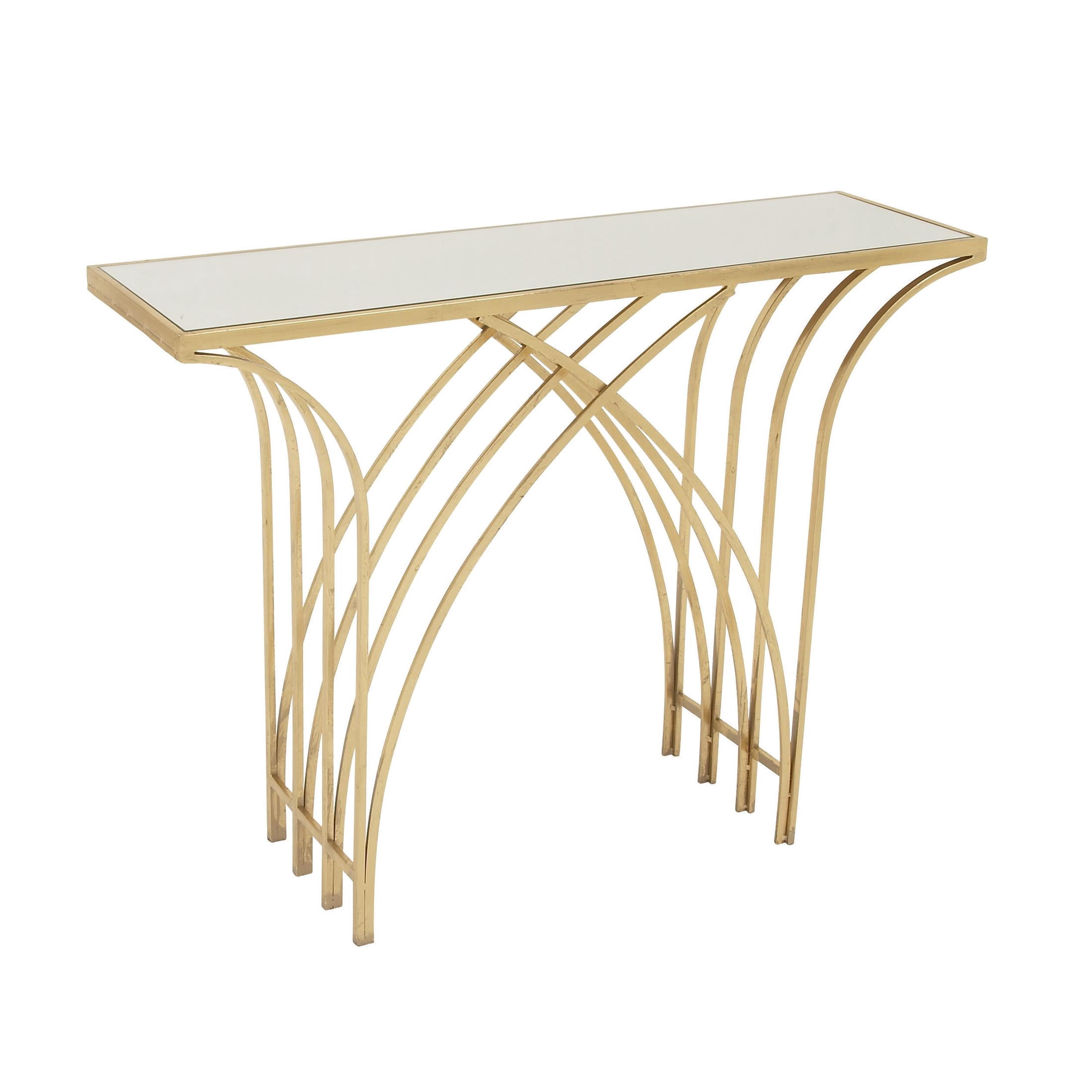 DecMode 41" x 31" Gold Metal Rectangular Geometric Console Table with Mirrored Glass Top, 1-Piece