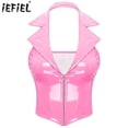 thumbnail image 2 of Camisola de látex con efecto mojado y cuello halter de piel sintética, chaleco de charol brillante, solapa con muescas, escote en V profundo, cremallera frontal, chaleco ajustado, 2 of 5