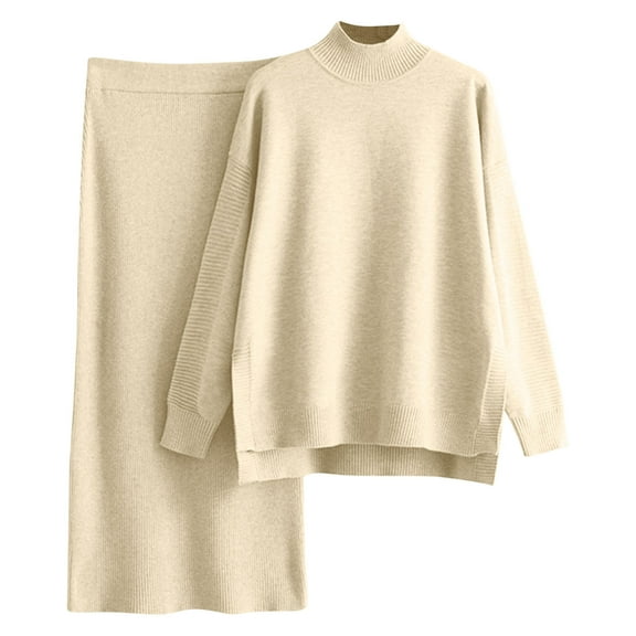 Scyoekwg Women's Knit 2 Piece Outfit Solid Color Fall Two-piece Knitted Suit High Neck Long Sleeve Tops Wide Legs Pants Casual Fashion Loose Sweatsuits (Beige,Free Size)