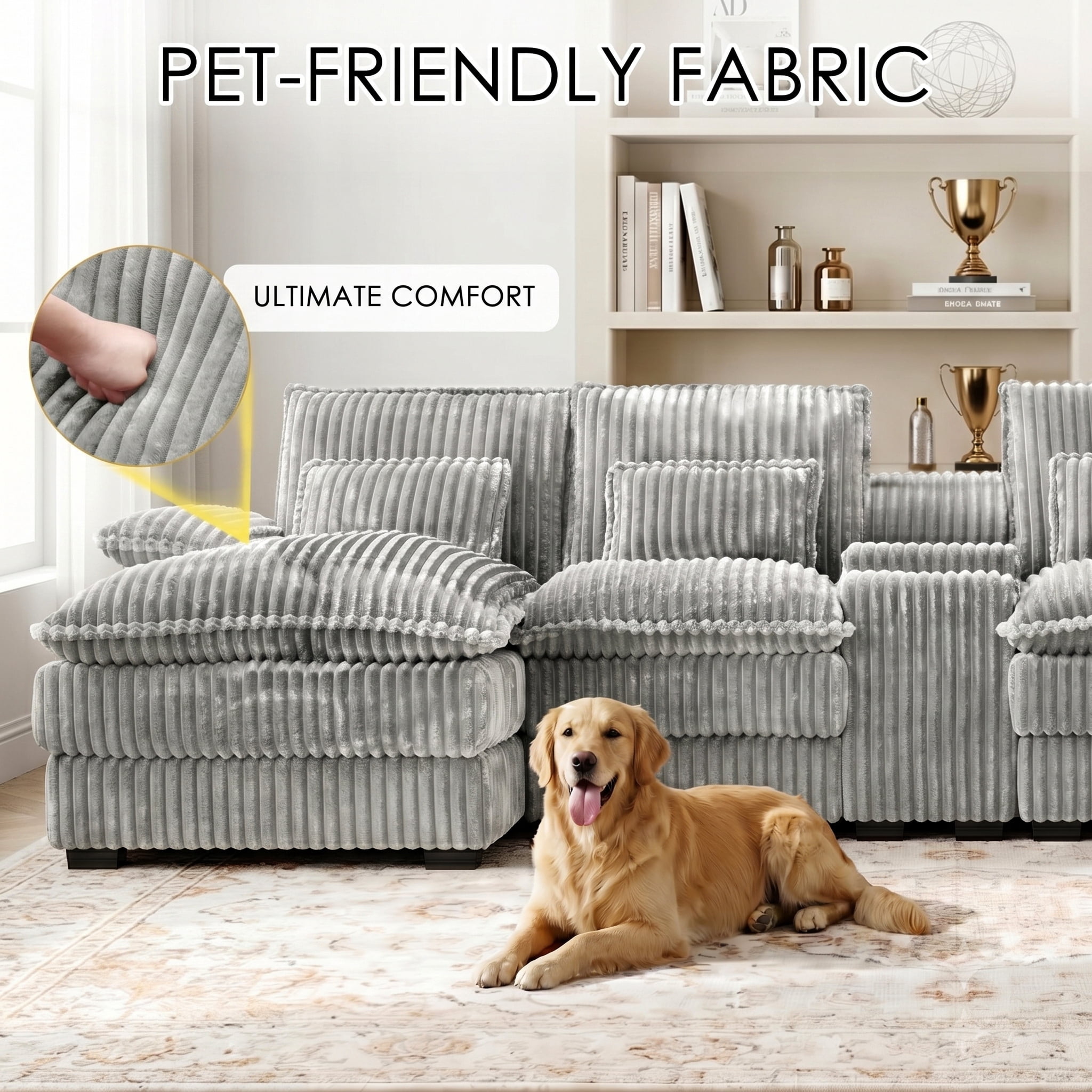 ANPPORT Luxury 124" U Shaped Cloud Modular Sectional Sofa, Corduroy Deep Seat Couch with Storage Console, USB Ports & Cup Holders for Living Room, Light Grey