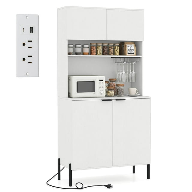 Costway 64.5" Kitchen Pantry Cabinet with Charging Station Wine Glass Rack Adjustable Shelf White