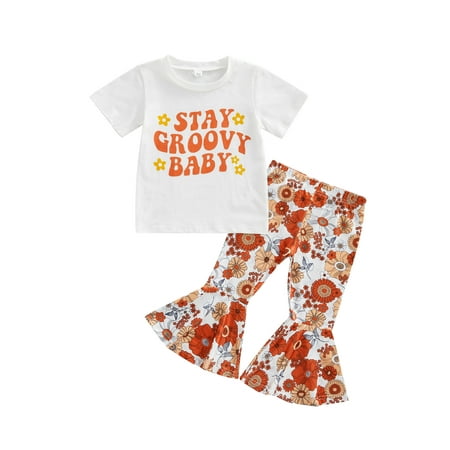 

Kids Baby Girl Summer Clothes Boho Groovy Short Sleeve T-Shirt Tops Floral Flare Pants Set 2Pcs Bell Bottom Outfit