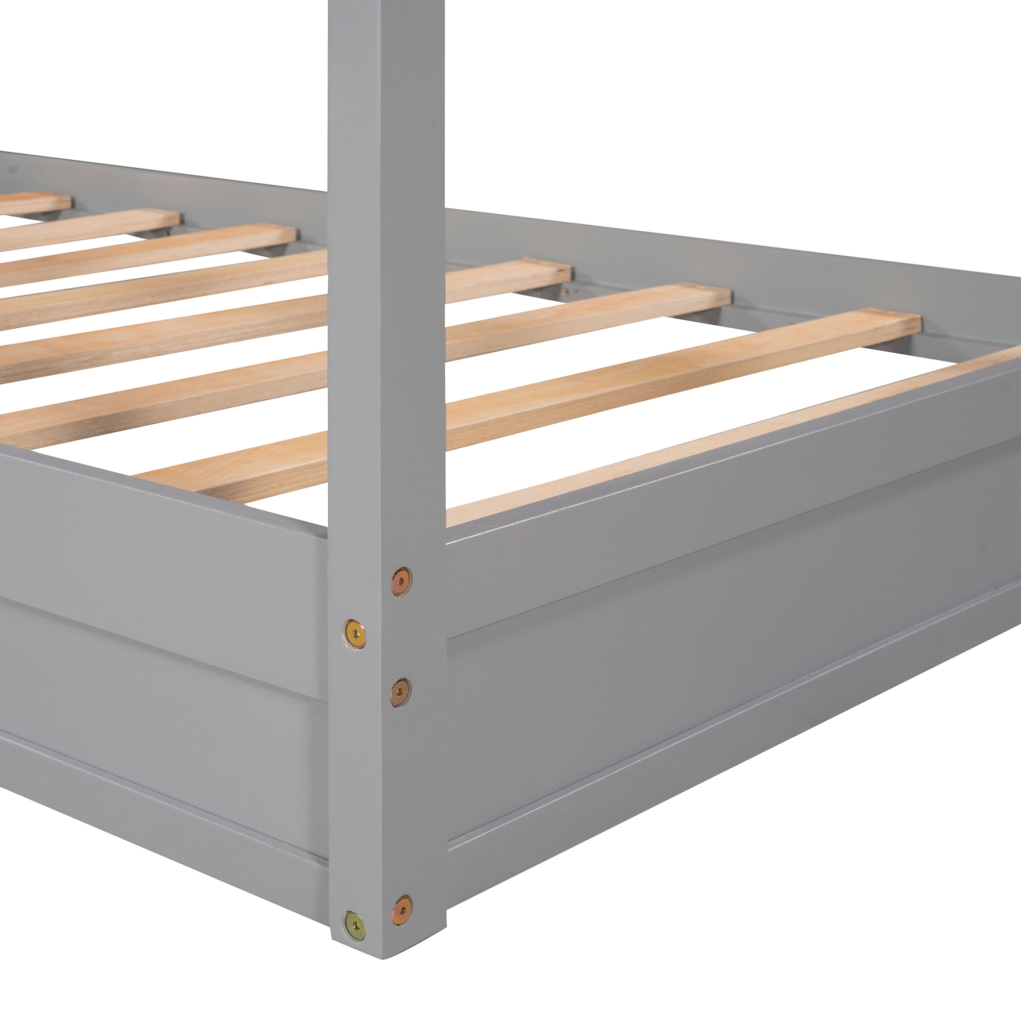 Bellemave House Beds for 2, Wood L-Shape Twin Bed Frame with Roof and Fence Railings, Double Twin Size Montessori Bed Frame No Box Spring Needed (Grey)