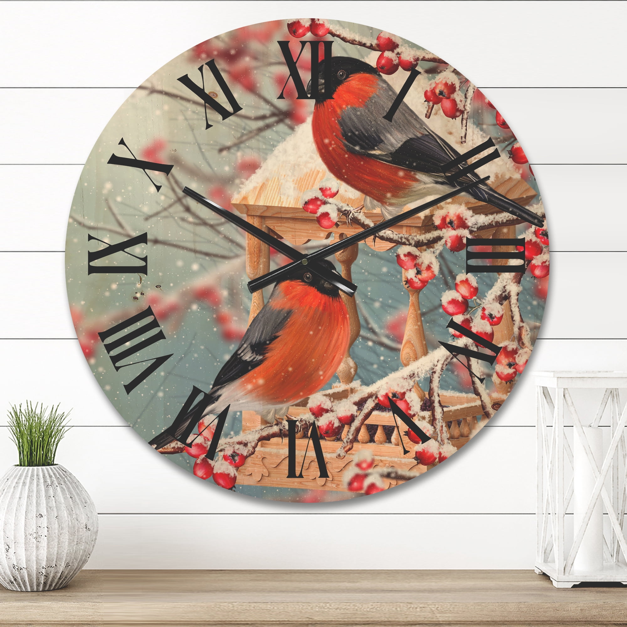 Designart 'Two Tits Sit On A Snow-Covered Berries Branch ' Traditional Wood Wall Clock