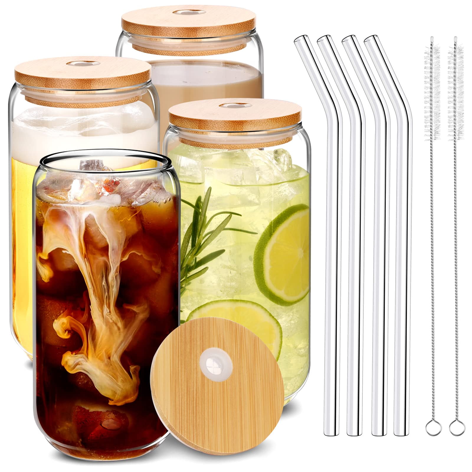 4 Pack Glass Cups with Bamboo Lids and Straws, 16 oz Iced Coffee Cup,  Iridescent Drinking Glasses, B…See more 4 Pack Glass Cups with Bamboo Lids  and