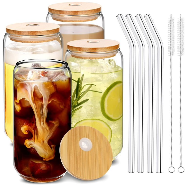 4 Set Coke Cup Glasses with Bamboo Lids and Glass Straw Reusable Drinking  Glasses Beer Can