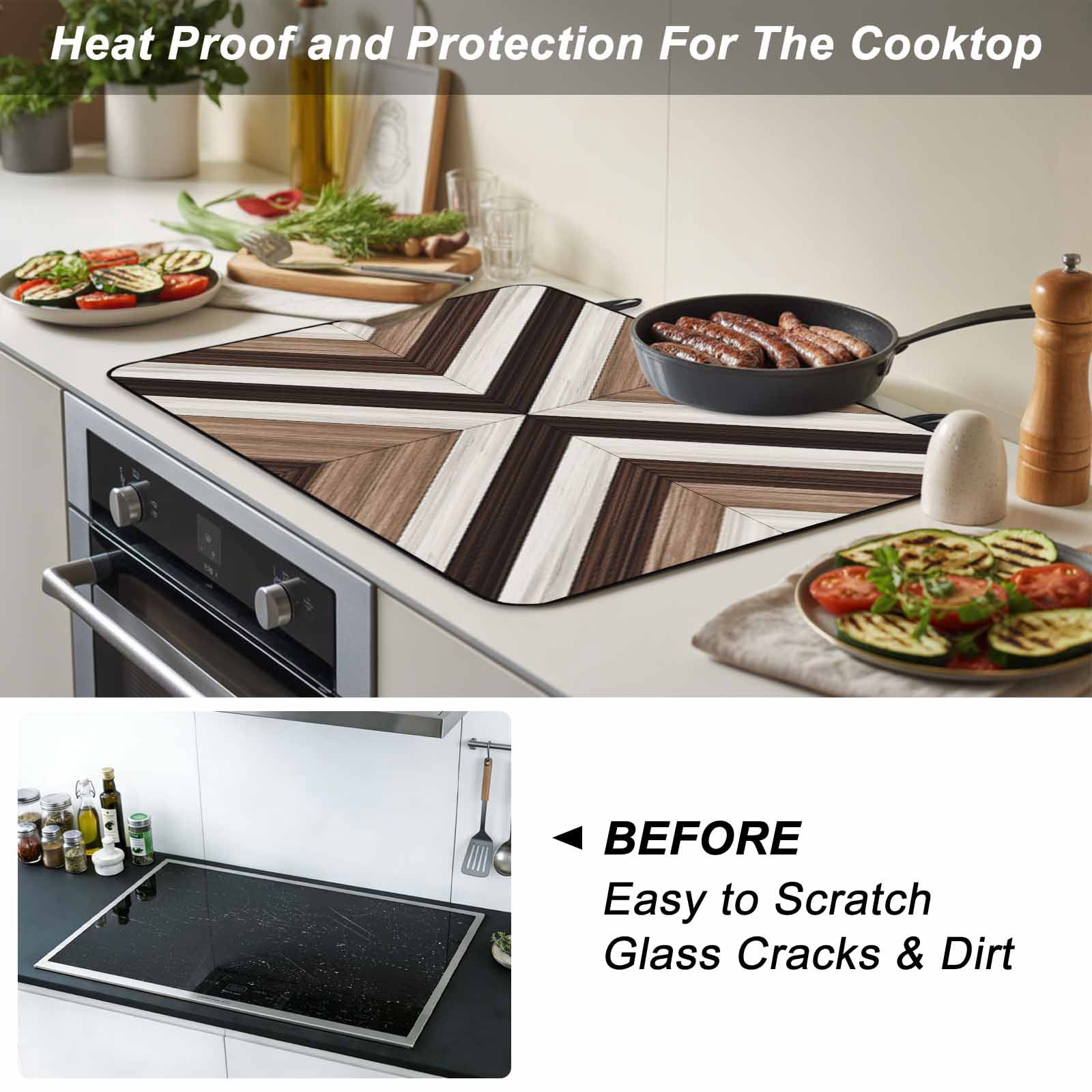 Brown Aztec Stove Top Cover for Electric Stove, Heat-proof & Non Slip Glass Top Stove Cover Protector, Abstract Southwest Black Vintage Wood Grain Kitchen Flat Cooktop Rubber Mat 24x21 Inches