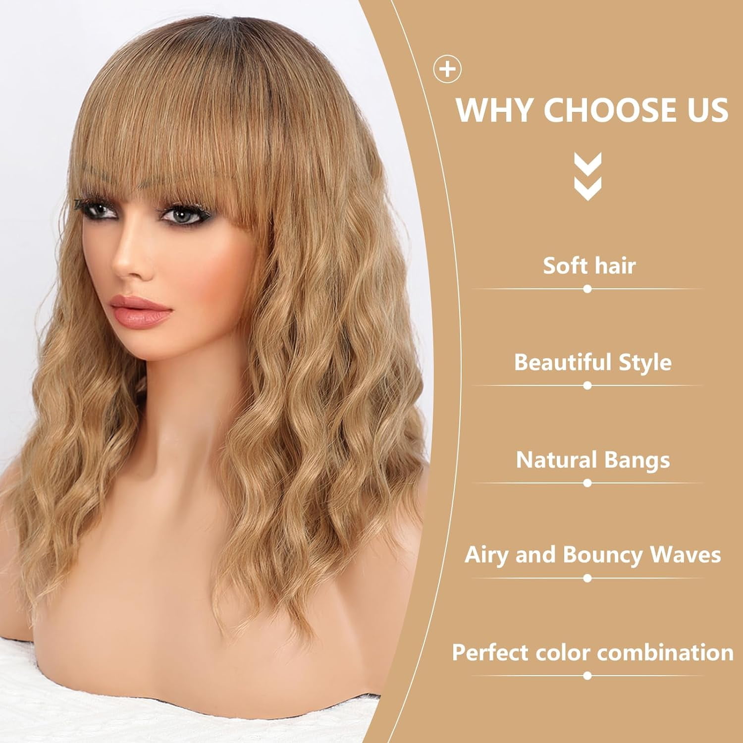 DOPI Short Wavy Wig with Bangs for Women Shoulder Length Bob Curly Women's Charming Synthetic Wigs with Natural Wavy Black To Brown Heat Resistant Hair for Daily Party Use