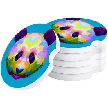 FMSHPON Pop Art Colorful Panda Blue Set of 2 Car Coaster for Drinks, Absorbent Ceramic Stone Coasters Cup Mat with Cork Base for Home Kitchen Room Coffee Table Bar Decor