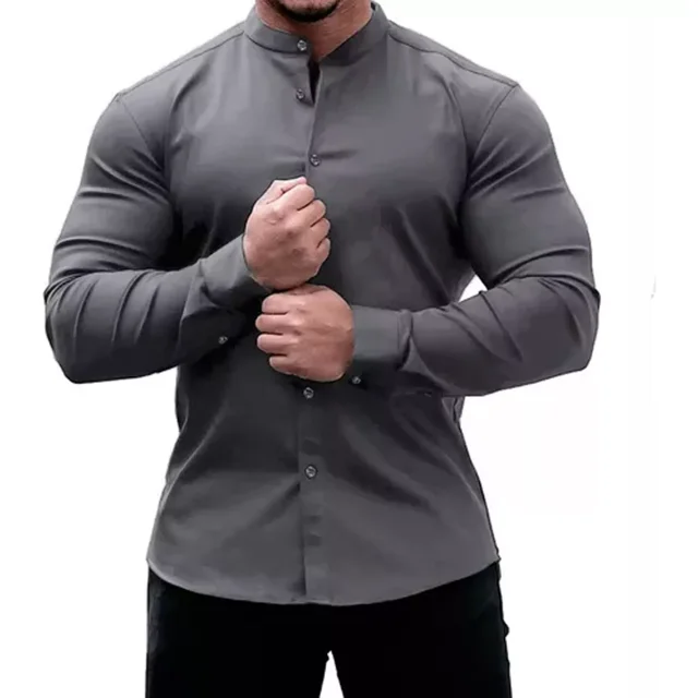 Camisa Slim Fit Hombre Manga Larga Casual Cuello Mao Lisa