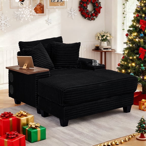 Muumblus Oversized Living Room Chair with Bluetooth Speaker, Ottoman, Rotating Table Board & USB, Cozy Indoor Lounge Reading Armchair, Black Corduroy
