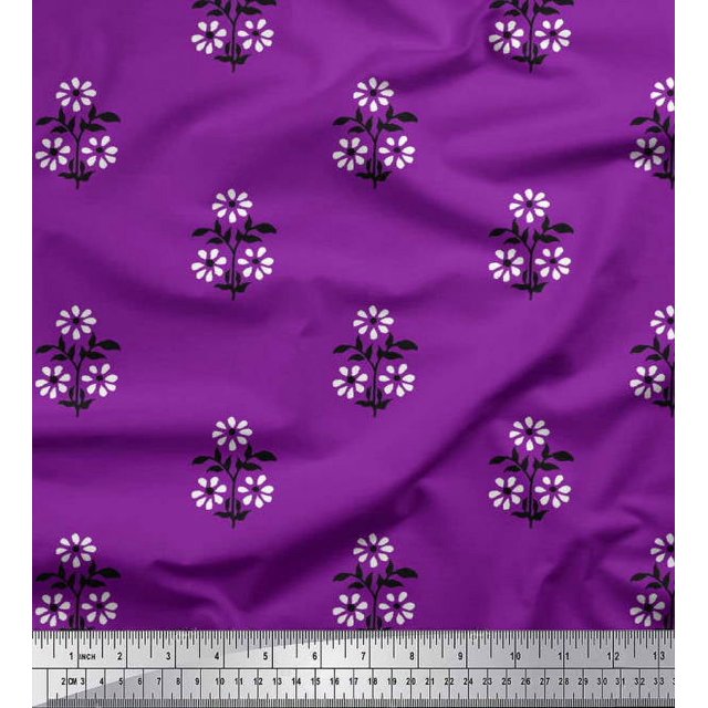 Soimoi Velvet Fabric Leaves & Floral Block Printed Fabric 1 Yard 58 Inch Wide