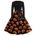 thumbnail image 2 of Women's Halloween Dress Castle Pumpkin Long Sleeve 1950s Hepburn Fall Dresses Crew Neck Cocktail Cute Casual Tea Length Dress with Belt XL, 2 of 6