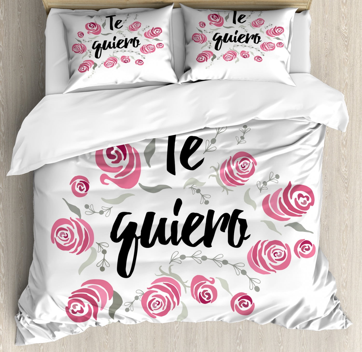 Spanish Duvet Cover Set Queen Size, Te Quiero Typography with Rose