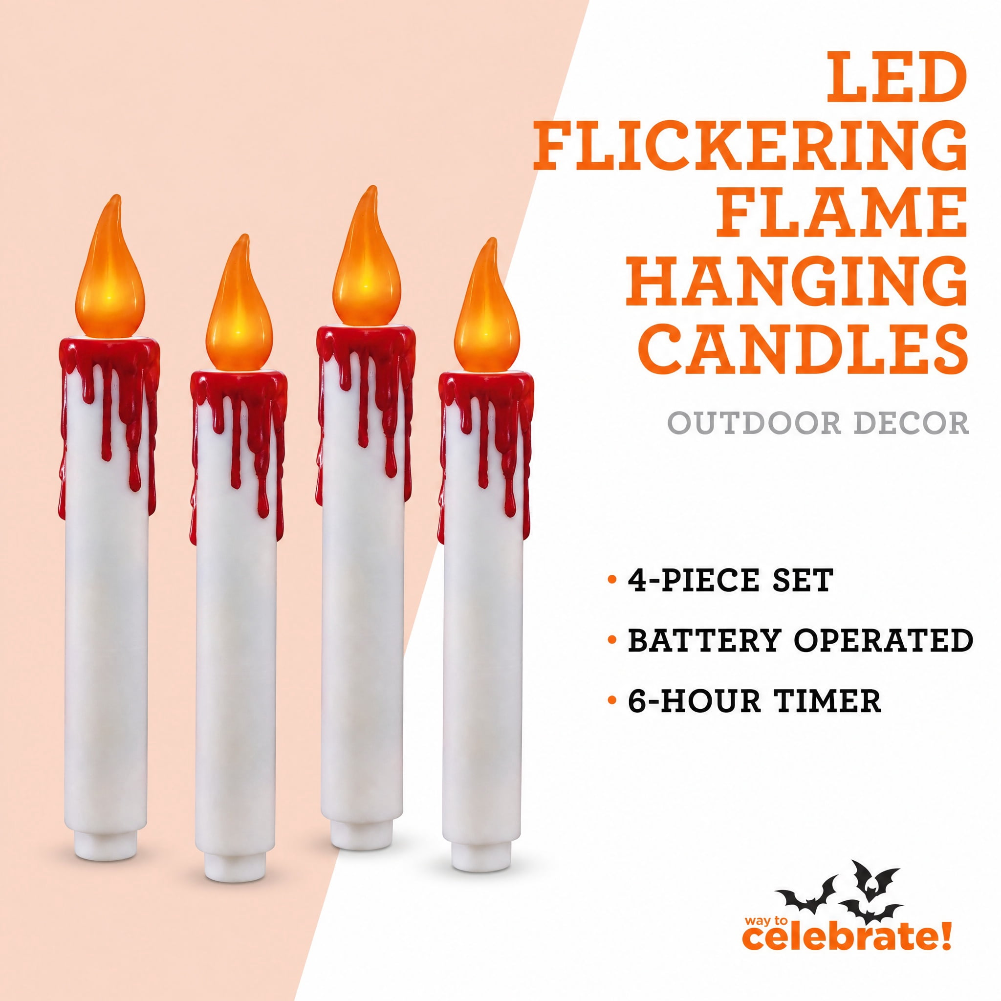 Battery-Operated LED Flickering Flame Hanging Candles, White, 7", 4 Count, Halloween by Way To Celebrate