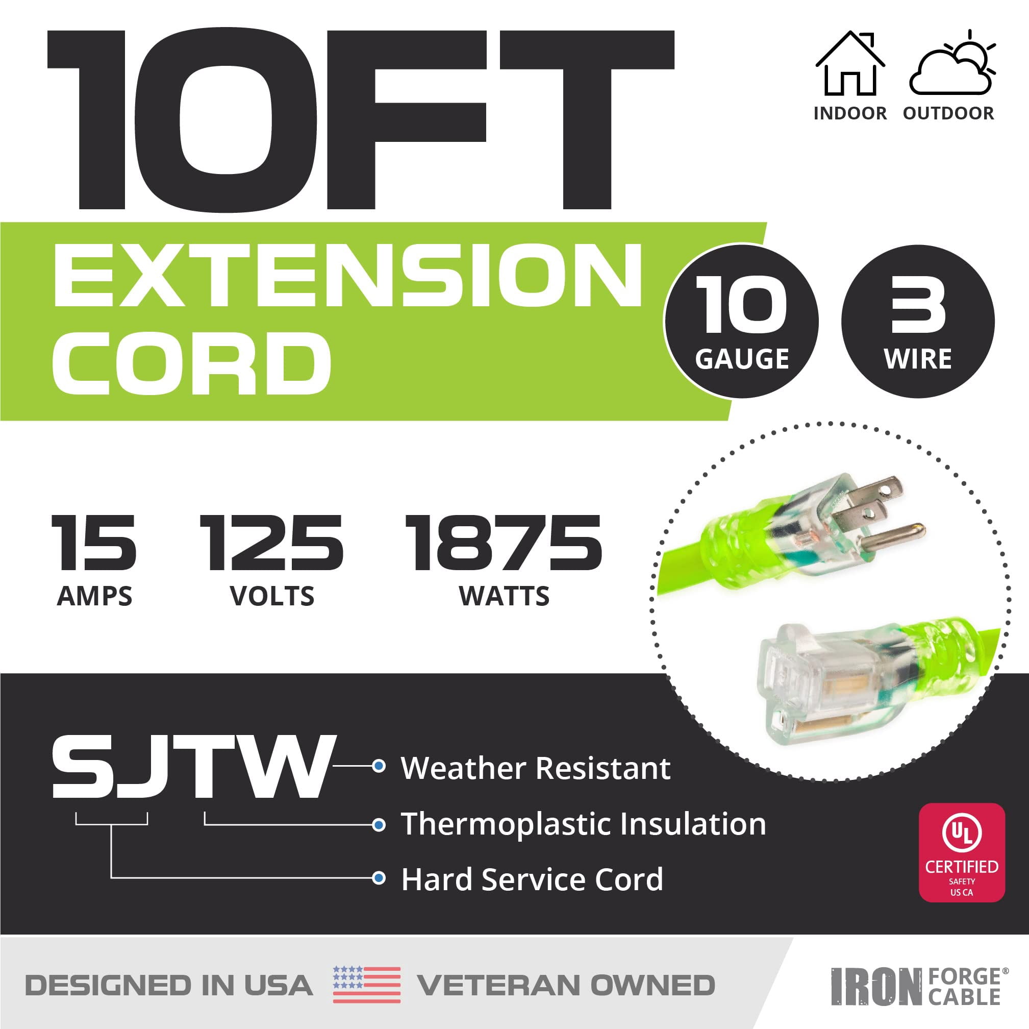 Iron Forge Cable 10 Gauge Extension Cord 10 ft, 10/3 Heavy Duty Extension Cord 3 Prong Lighted End, SJTW Weatherproof Light Green Outdoor Power Cable for Major Appliances, 15 AMP
