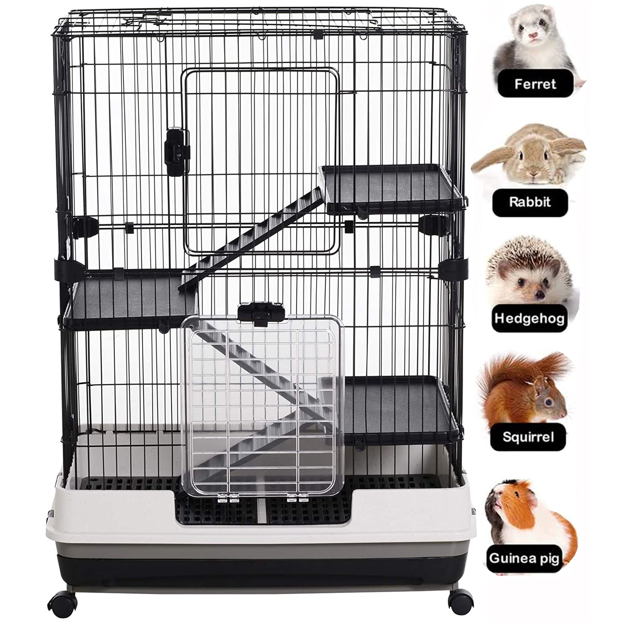 X-Large Deluxe 4-Tiers Indoor/Outdoor Rabbit Bunny Guinea Pig Hutch Chinchilla Ferret Hedgehog Home Small Animal Critter Cage Slide Out Washable Tray with Rolling Casters