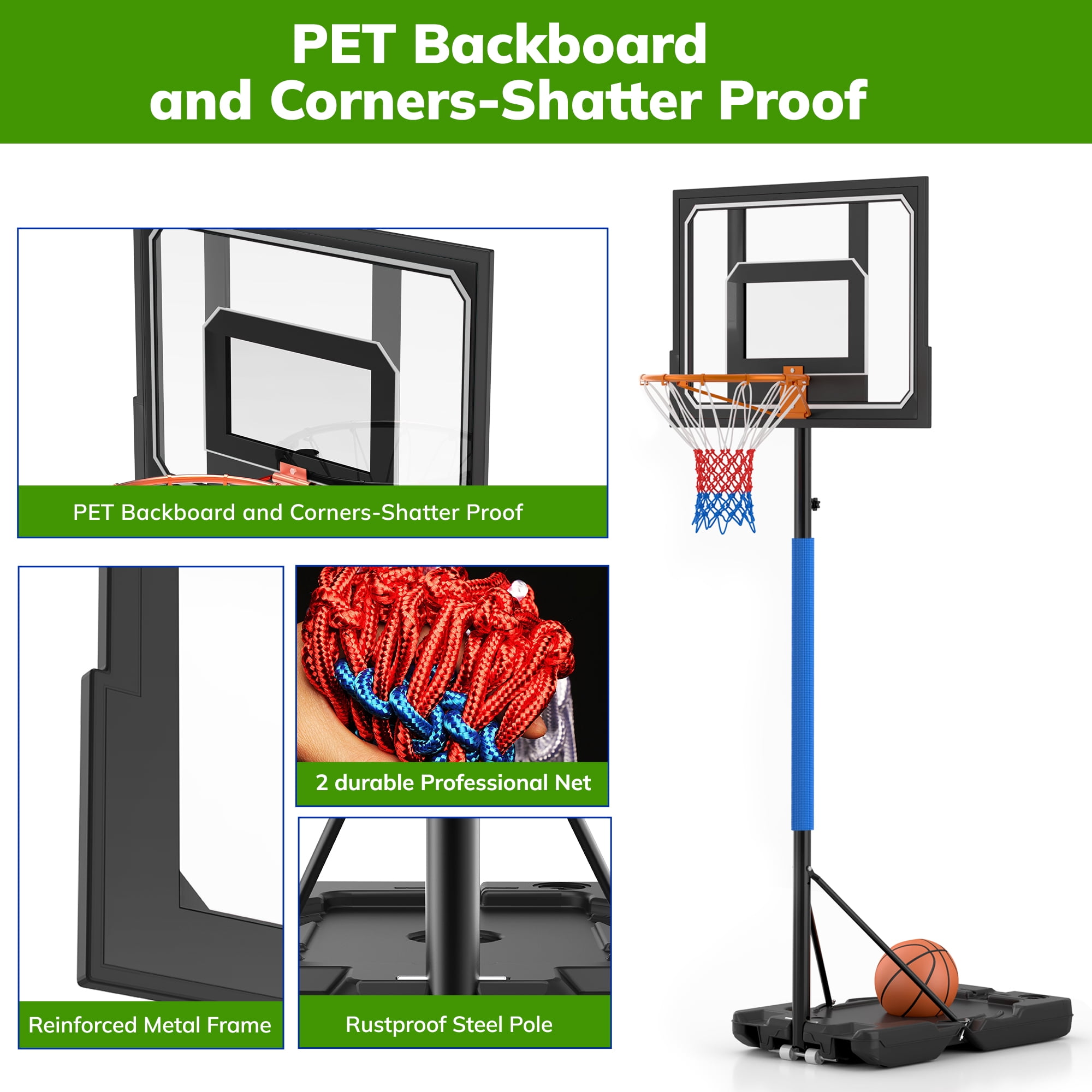 Basketball Hoop Stand 5-9 ft Adjustable, Portable Basketball Goals for Kids Teenagers, Great Outdoor, Backyard, Driveway, Indoor Play, Black