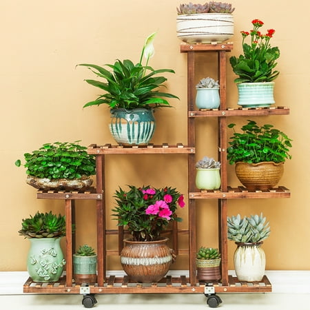 Outdoor Indoor Garden Wooden Plant Stand With Wheels Planter Flower Pot gif