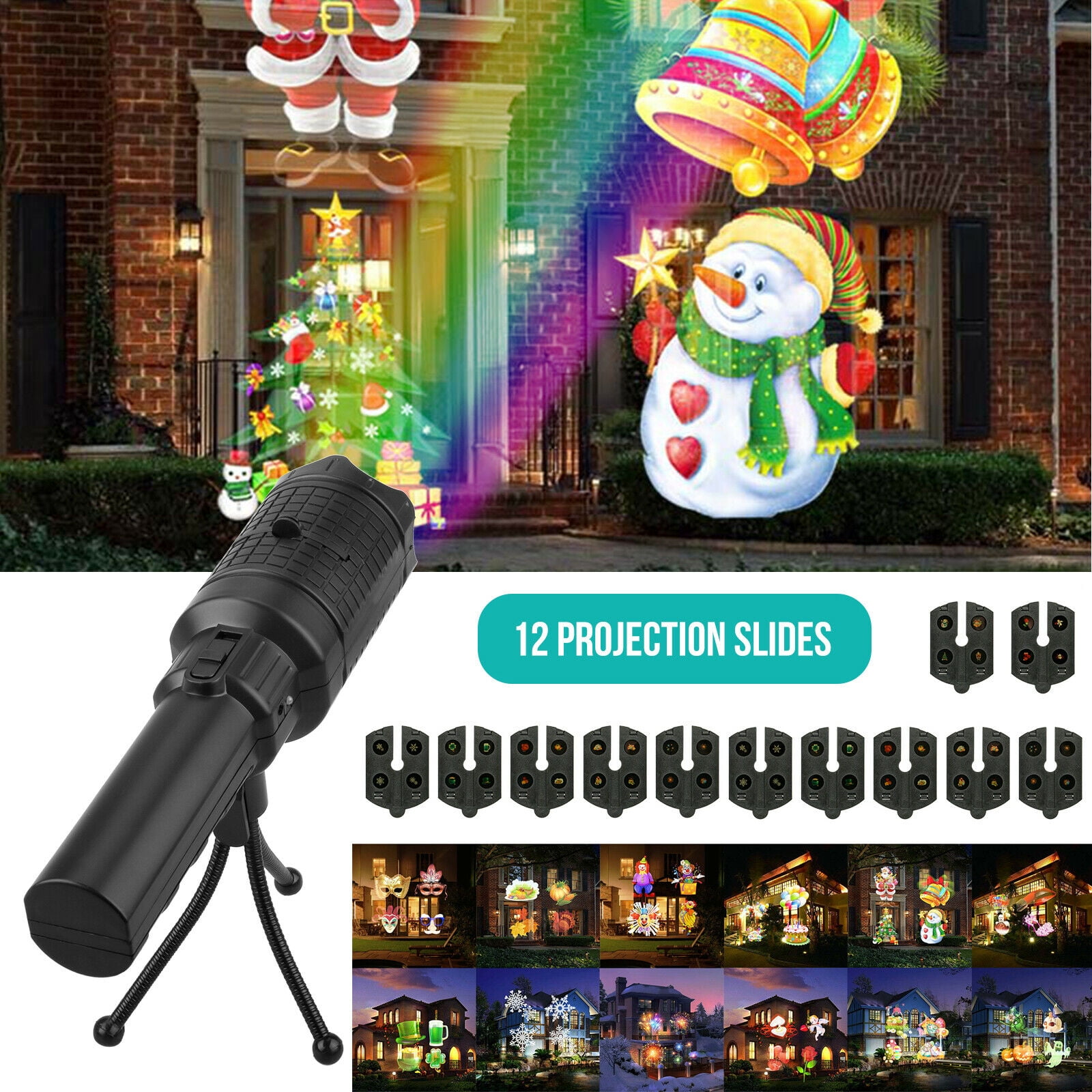 Halloween Projector Lights Waterproof Led Landscape Lamp Christmas Decorations Moving Snowflake Spotlight Star Shower Indoor Outdoor 12 Replaceable Lens for Xmas Party Garden House Home Wall 