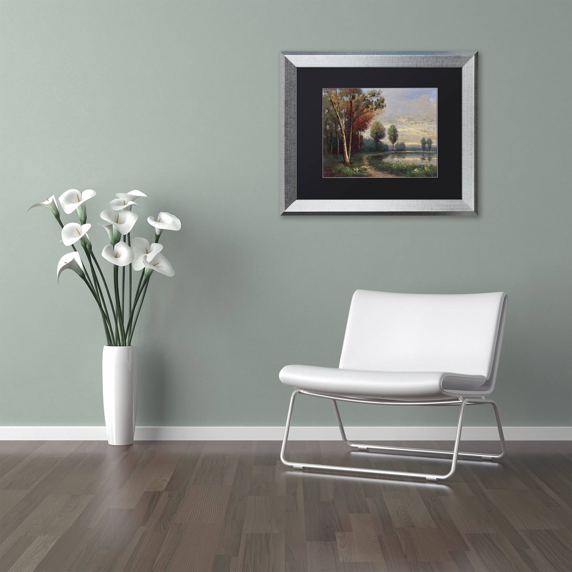 Trademark Fine Art "Landscape with a Lake" Canvas Art by Daniel Moises, Black Matte, Silver Frame