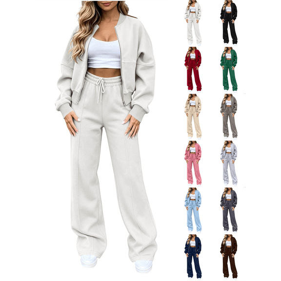 Sweatsuit Sets for Women Nelozsy Women's Winter Casual Ribbed Zip-Up Round Neck Top Elastic Waist Drawstring Pants Set 2-Piece Set White XL
