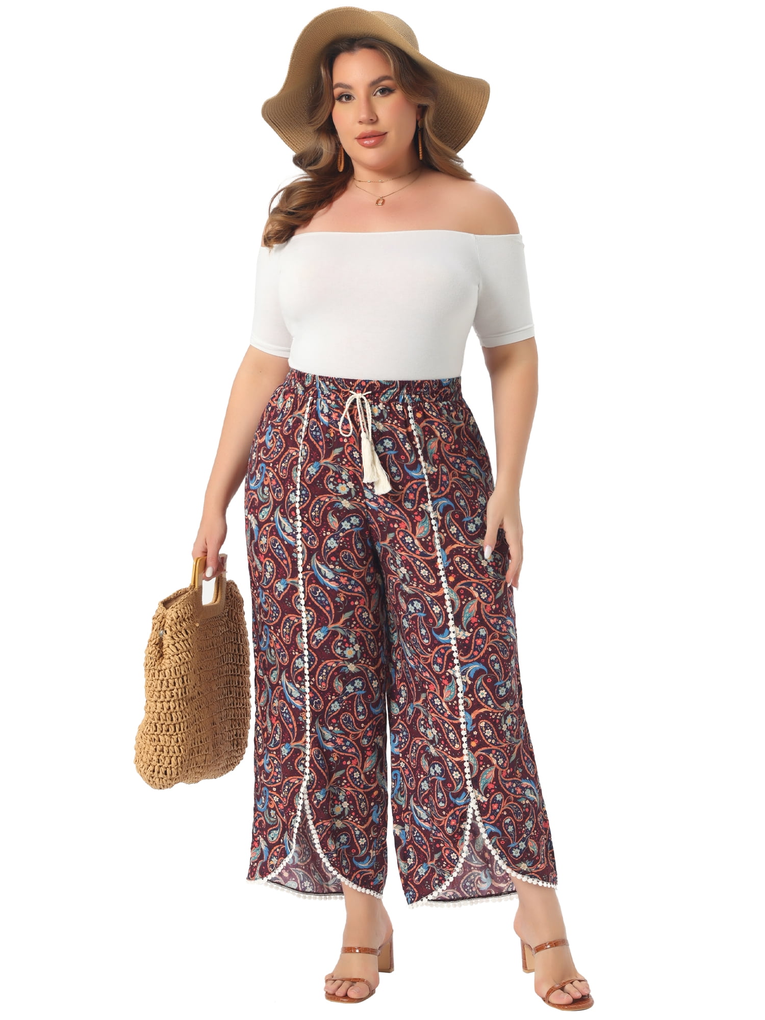 DARING DIVA Women's Plus Size Elastic Waist Flowy Striped Wide Leg Pant 4X Brown Red